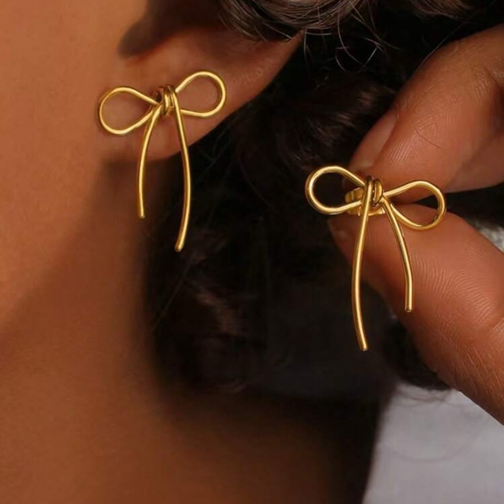 Gold Plated Stainless Steel Bow Knot Earrings Tarnish Resistant Minimalist